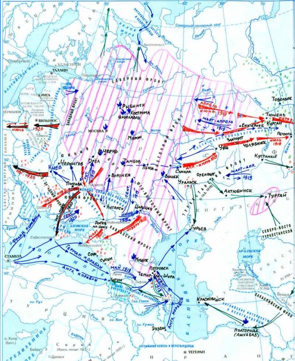 Контурная карта Гражданская война в России 1. Выделите территории